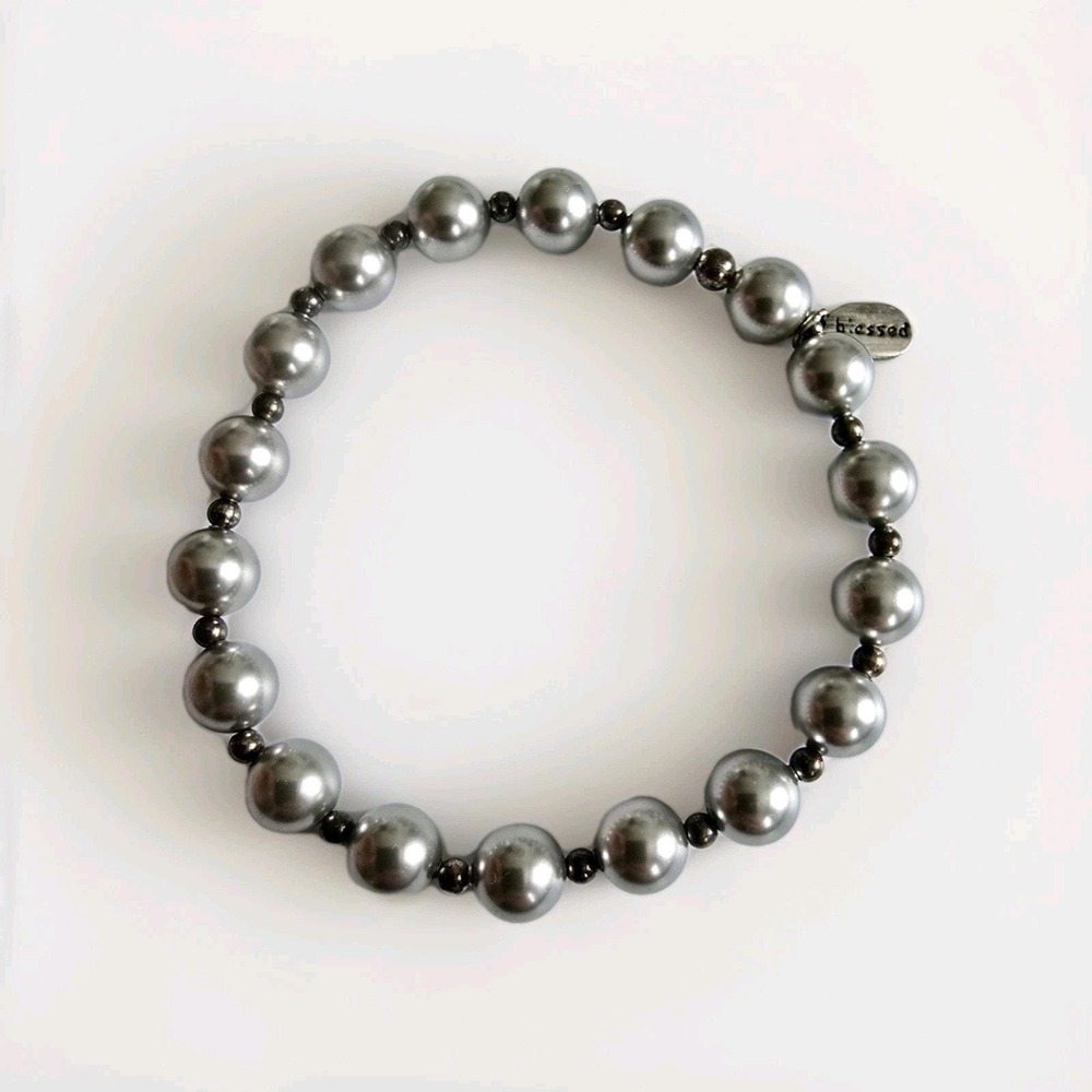 Made As Intended Count Your Blessings Bracelet Silver Pearl 8mm Beads Stretch